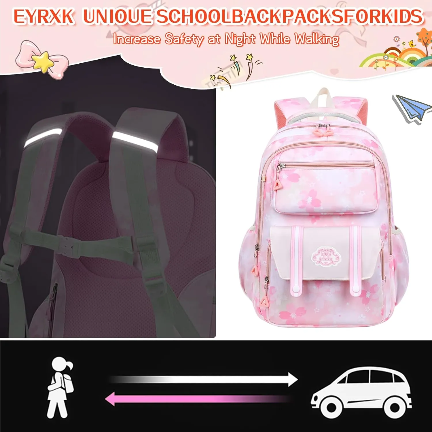 Kawaii Backpack Starry Rainbow Bookbag Cute Large Capacity Kids Backpack Multifunction Fashion Casual Laptop Travel Bag For Boy Girl (Pink-17inch)