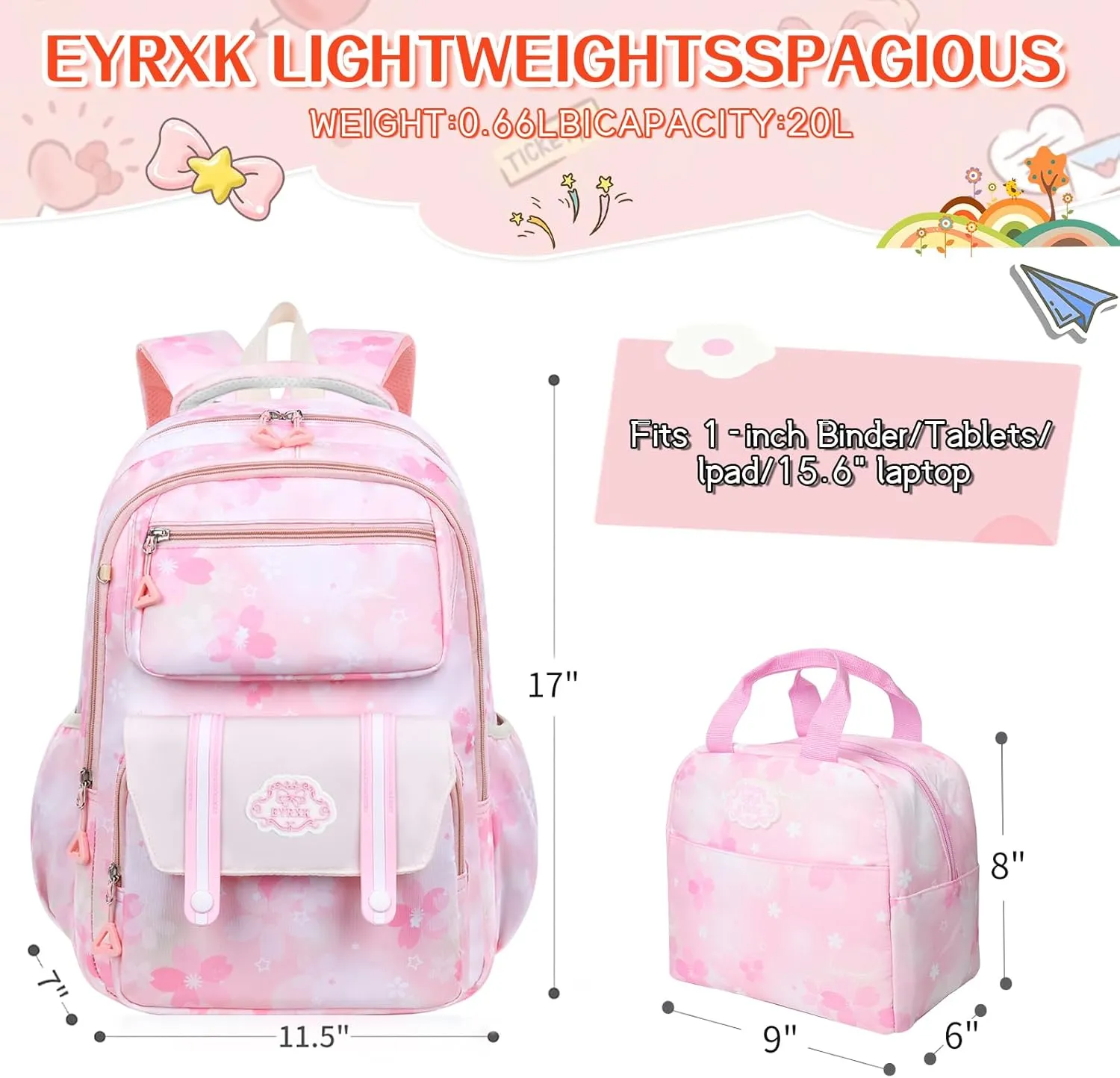 Kawaii Backpack Starry Rainbow Bookbag Cute Large Capacity Kids Backpack Multifunction Fashion Casual Laptop Travel Bag For Boy Girl (Pink-17inch)