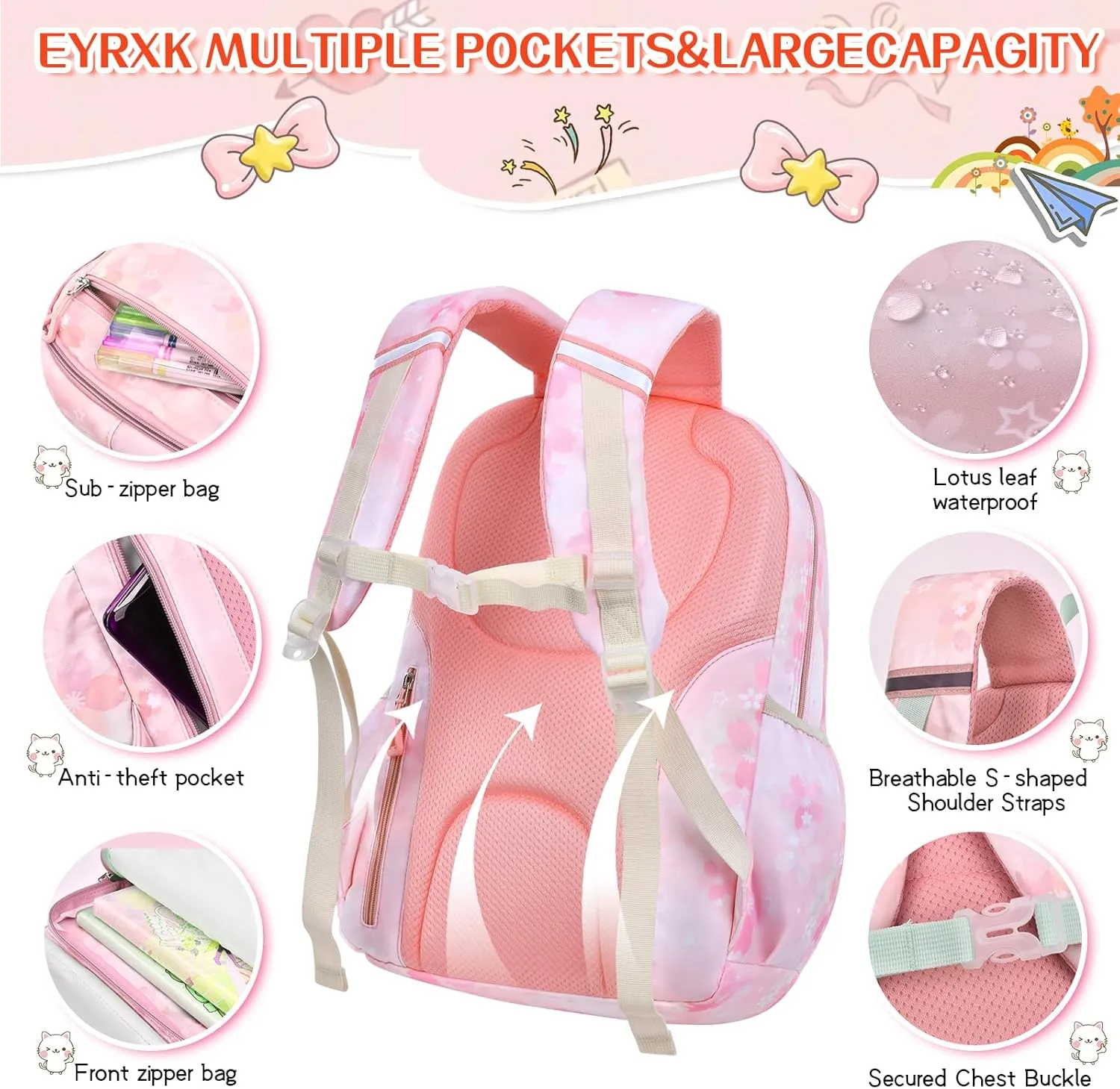 Kawaii Backpack Starry Rainbow Bookbag Cute Large Capacity Kids Backpack Multifunction Fashion Casual Laptop Travel Bag For Boy Girl (Pink-17inch)