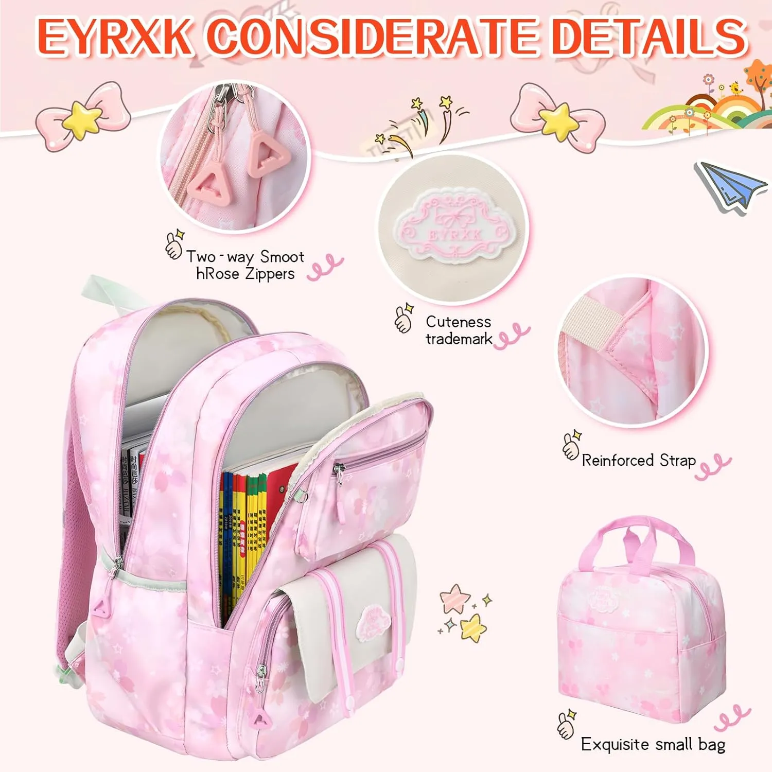 Kawaii Backpack Starry Rainbow Bookbag Cute Large Capacity Kids Backpack Multifunction Fashion Casual Laptop Travel Bag For Boy Girl (Pink-17inch)