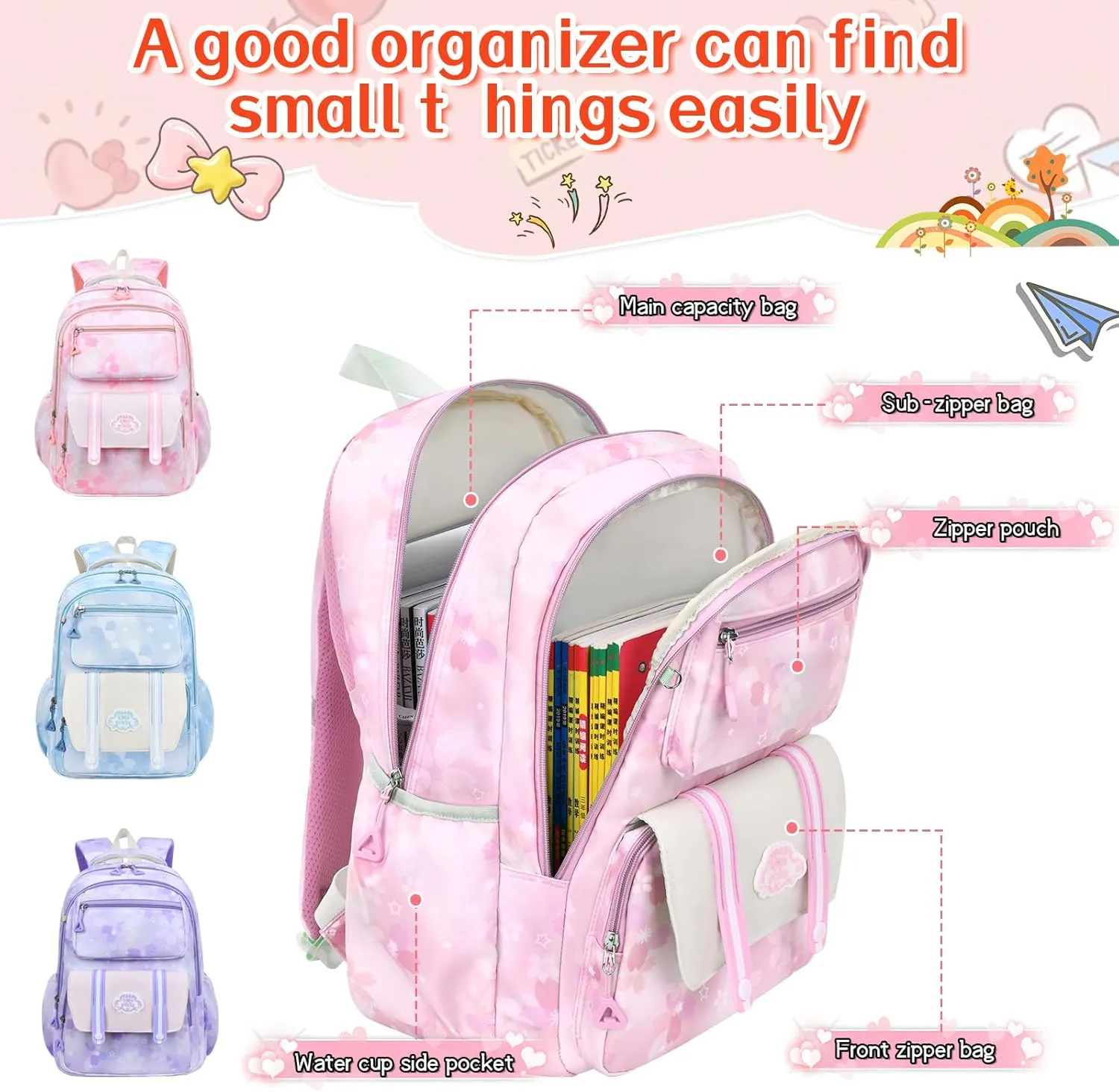 Kawaii Backpack Starry Rainbow Bookbag Cute Large Capacity Kids Backpack Multifunction Fashion Casual Laptop Travel Bag For Boy Girl (Pink-17inch)