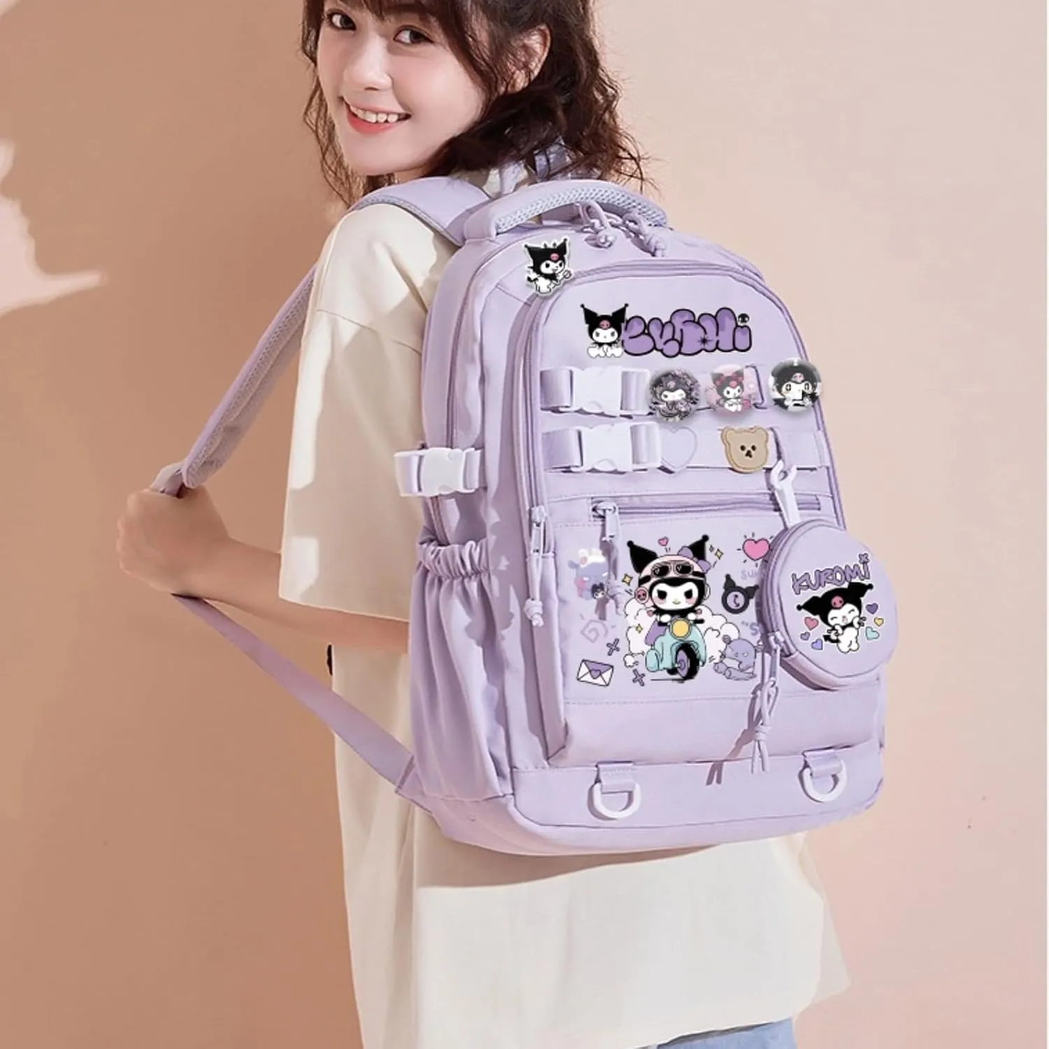 Kawaii Backpack with 21Pcs Accessories Anime Cartoon Anti-Theft Travel Aesthetic New Semester Gifts Bag with Cute Pins