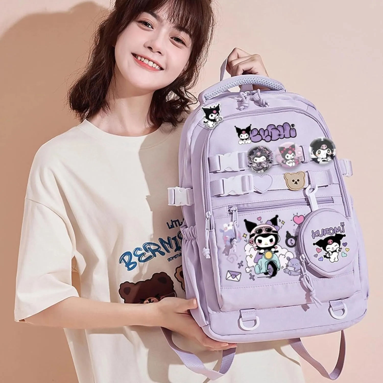 Kawaii Backpack with 21Pcs Accessories Anime Cartoon Anti-Theft Travel Aesthetic New Semester Gifts Bag with Cute Pins