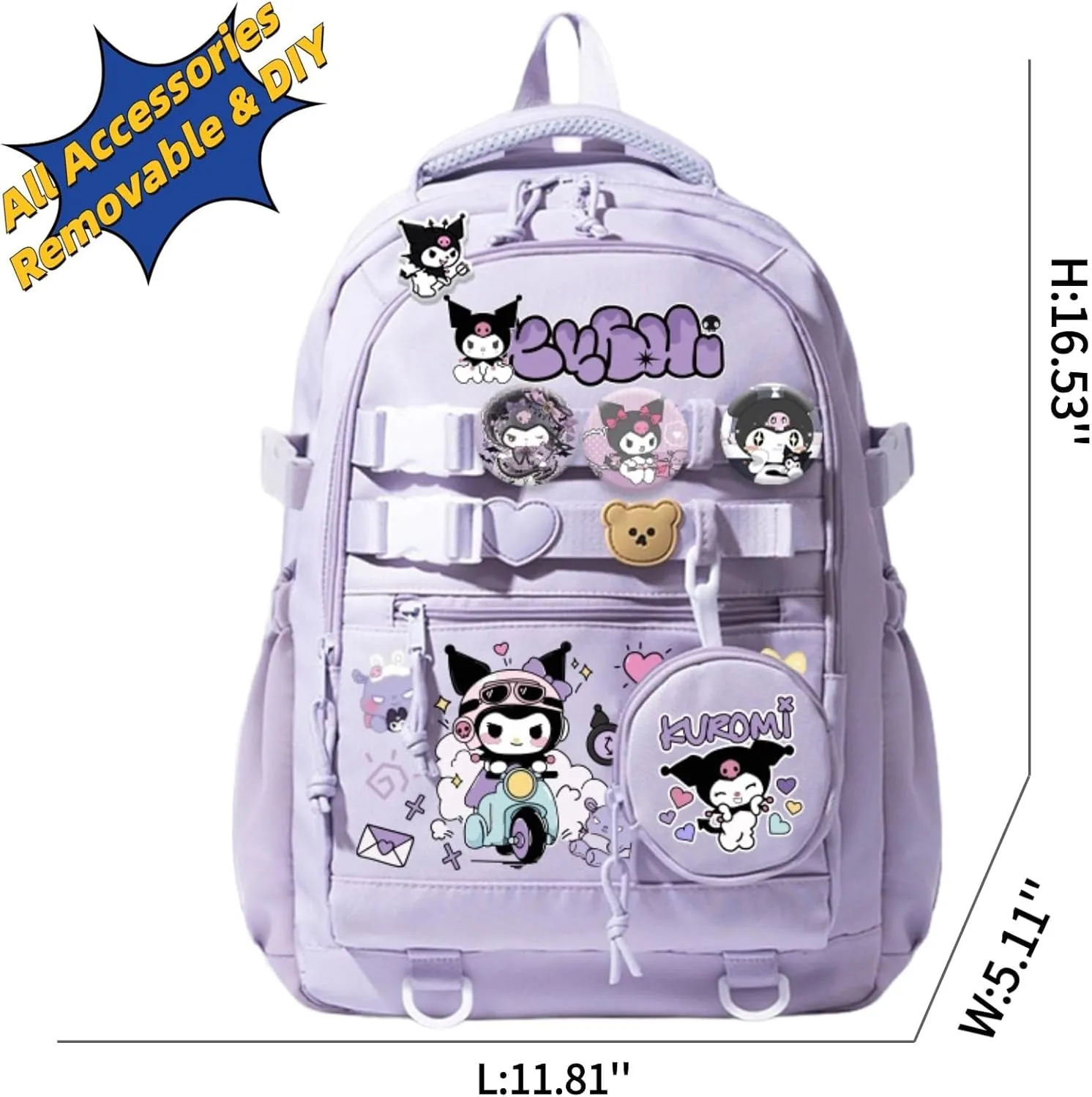Kawaii Backpack with 21Pcs Accessories Anime Cartoon Anti-Theft Travel Aesthetic New Semester Gifts Bag with Cute Pins