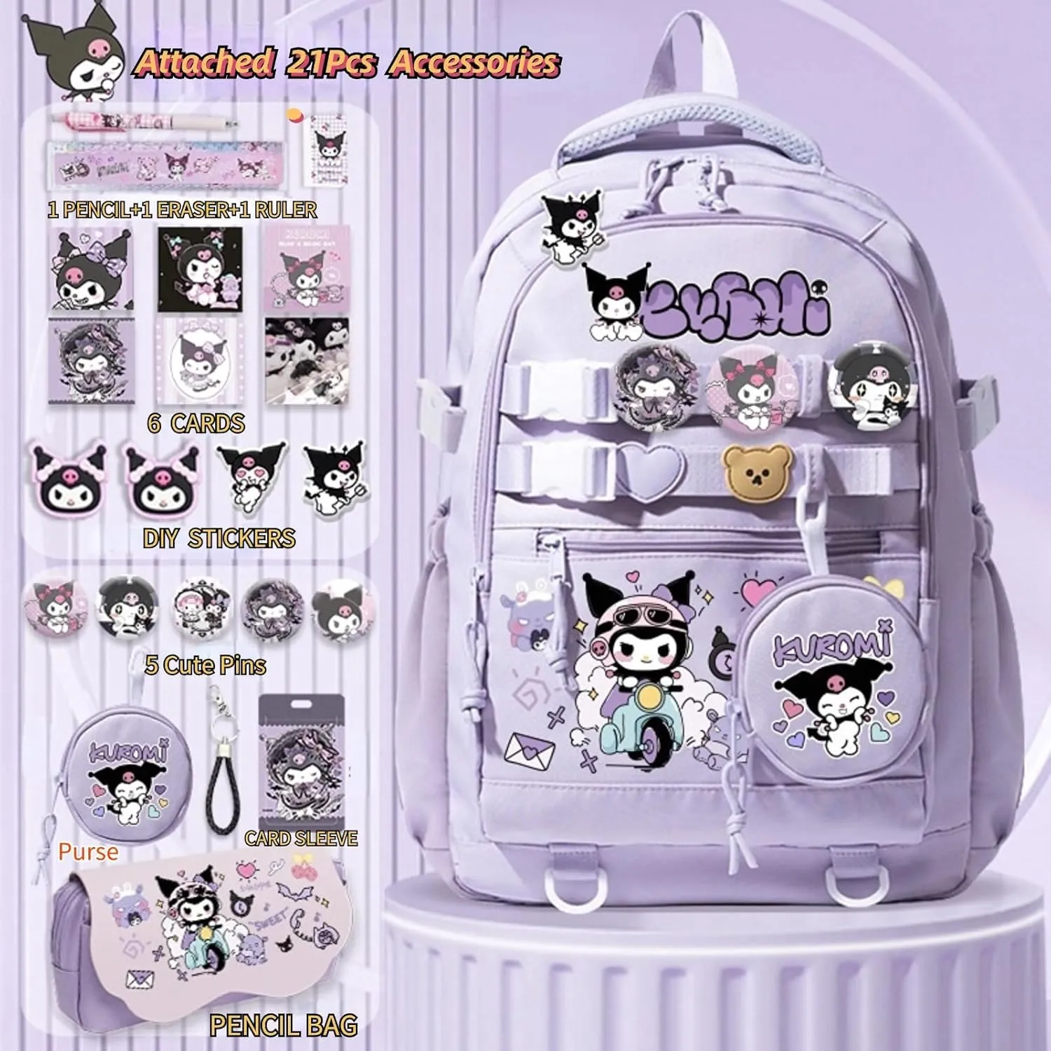 Kawaii Backpack with 21Pcs Accessories Anime Cartoon Anti-Theft Travel Aesthetic New Semester Gifts Bag with Cute Pins