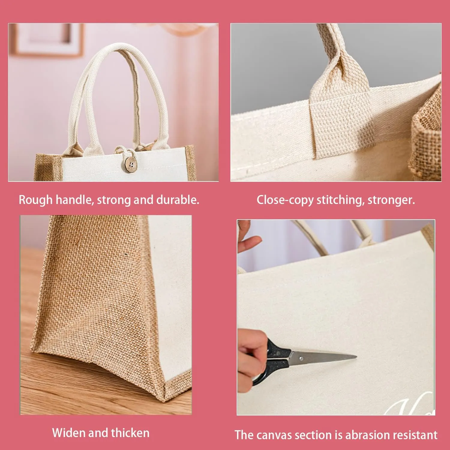 kaxilu Jute Beach Tote Bags 16.5 * 7 * 13 Set of 10 Burlap Tote Bags with Button Travel with Handle Grocery Bag Bridesmaid Bags Tote Bag for Beach wedding Shopping travel Arts and Crafts DIY