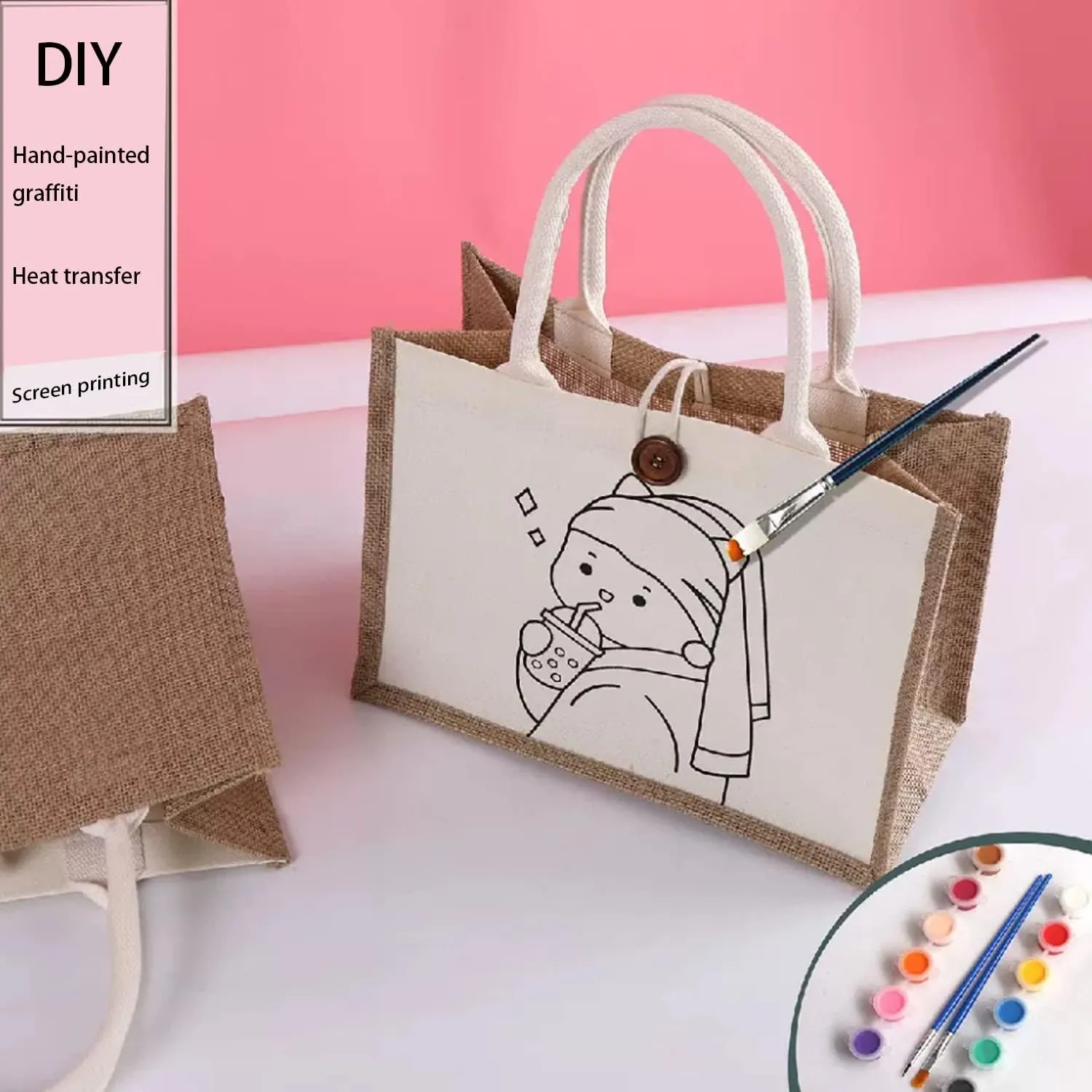 kaxilu Jute Beach Tote Bags 16.5 * 7 * 13 Set of 10 Burlap Tote Bags with Button Travel with Handle Grocery Bag Bridesmaid Bags Tote Bag for Beach wedding Shopping travel Arts and Crafts DIY