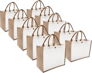 kaxilu Jute Beach Tote Bags 16.5 * 7 * 13 Set of 10 Burlap Tote Bags with Button Travel with Handle Grocery Bag Bridesmaid Bags Tote Bag for Beach wedding Shopping travel Arts and Crafts DIY