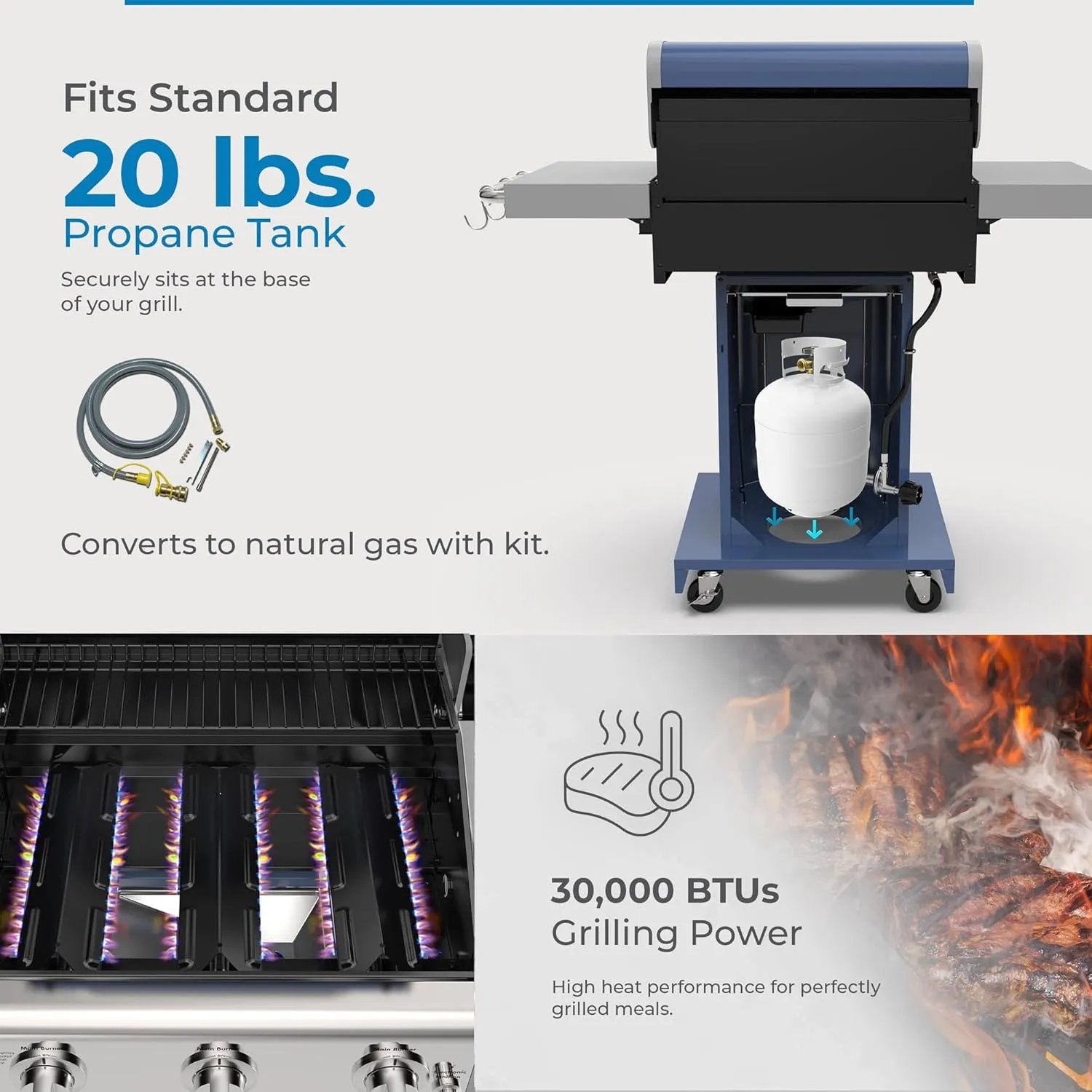 Kenmore 3-Burner Propane BBQ Grill, 30,000 BTUs Gas Grill with Cast Iron Cooking Grates, Folding Side Tables & Wheels, Outdoor Grill with Tool Hooks, Azure Blue
