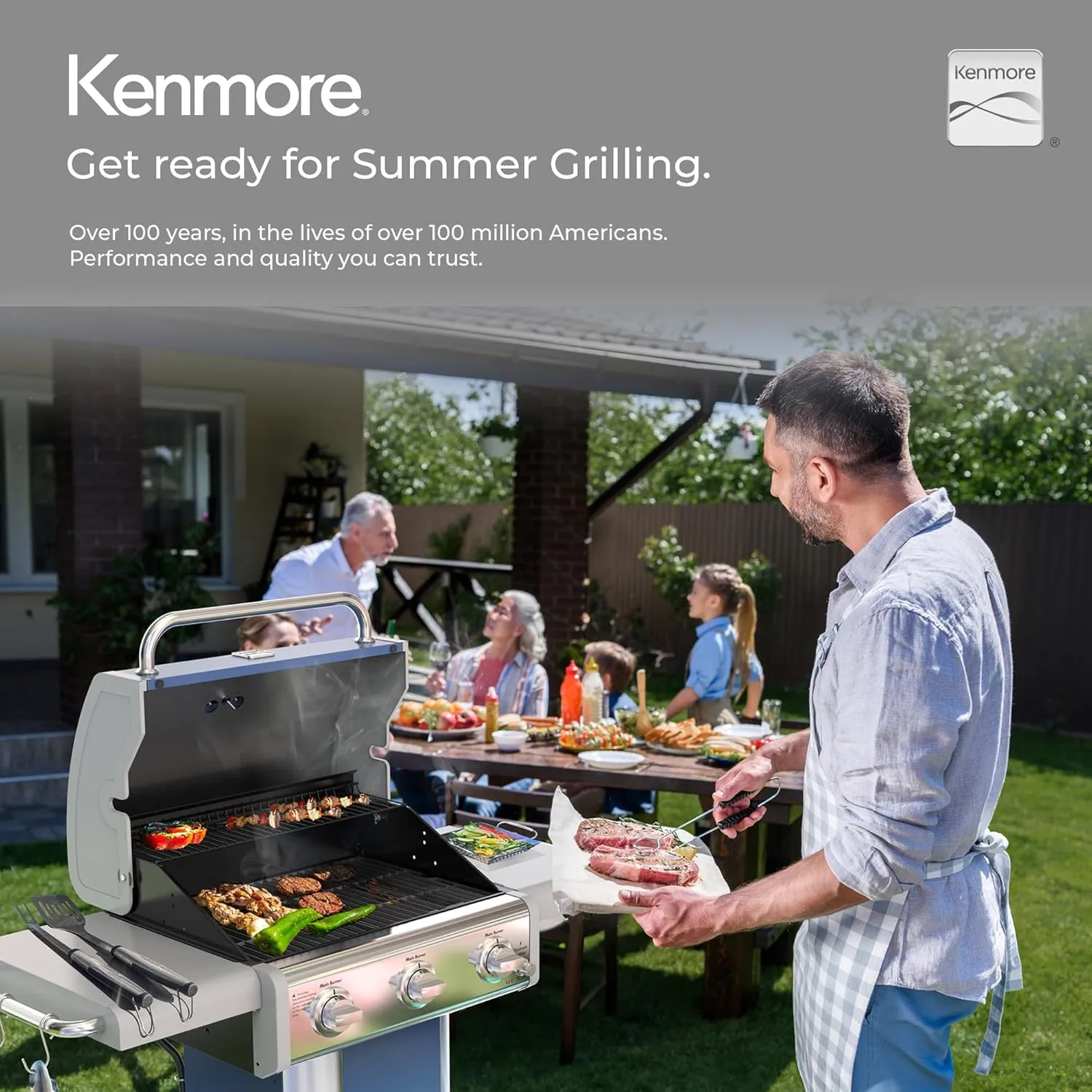 Kenmore 3-Burner Propane BBQ Grill, 30,000 BTUs Gas Grill with Cast Iron Cooking Grates, Folding Side Tables & Wheels, Outdoor Grill with Tool Hooks, Azure Blue