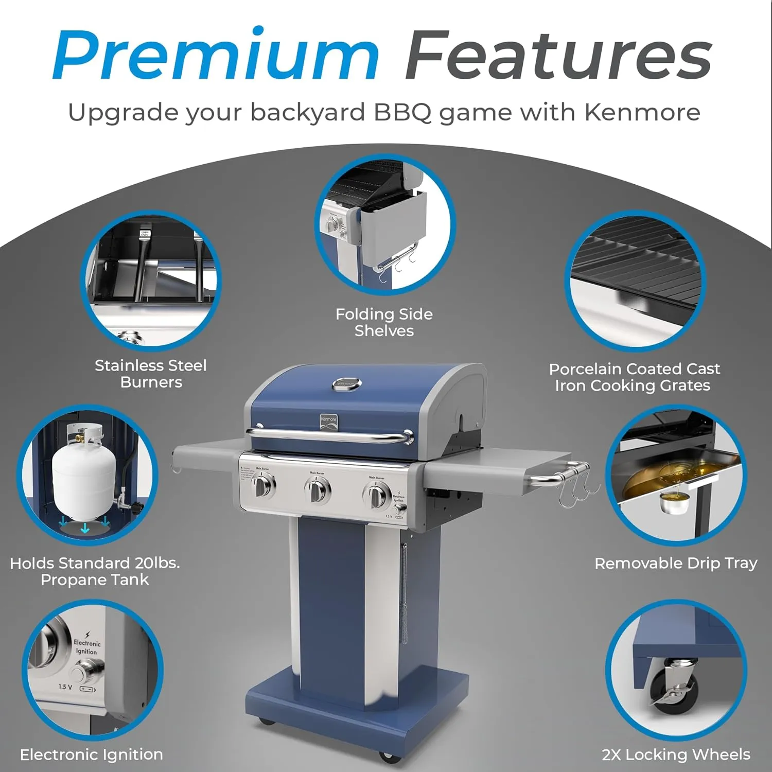 Kenmore 3-Burner Propane BBQ Grill, 30,000 BTUs Gas Grill with Cast Iron Cooking Grates, Folding Side Tables & Wheels, Outdoor Grill with Tool Hooks, Azure Blue