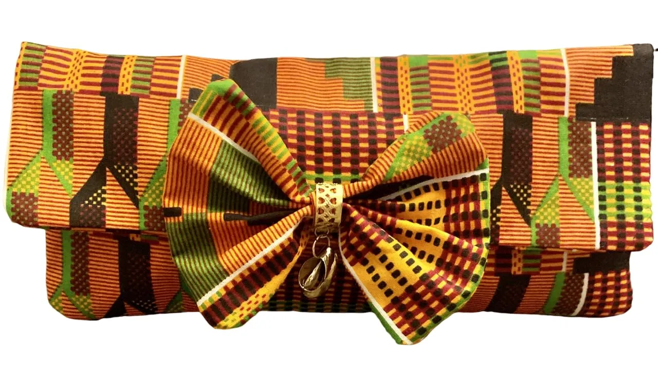 Kente Cloth Handbag with Gold Cowrie Shell and Bow - African Style Clutch Bag