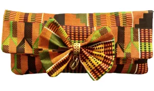 Kente Cloth Handbag with Gold Cowrie Shell and Bow - African Style Clutch Bag