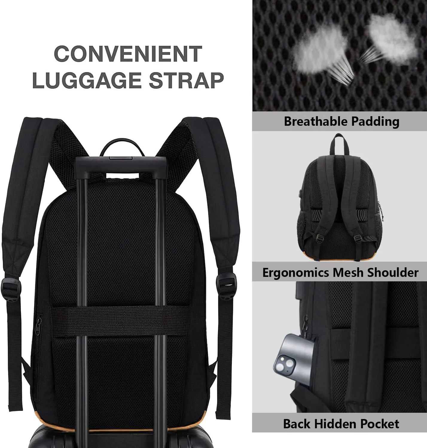 KEOFID classic carry-on travel backpack for men and women, Anti theft laptop backpack with USB charging port, work backpack, backpack for college, water resistent(Black 19inches)