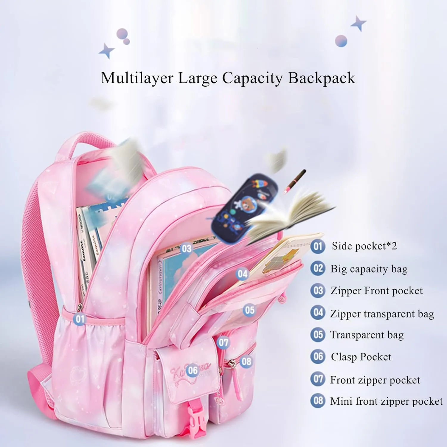 Kids Backpack for Girls,Girls Backpack Cute School Backpack Waterproof Large Capacity for Middle Elementary School Bag(Pink)