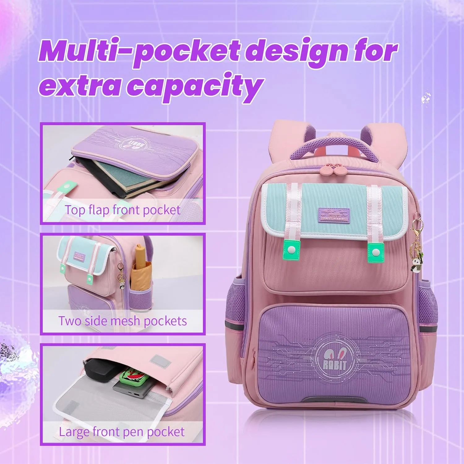Kids Backpacks for Girls, Backpack for Elementary School Book Bags with Keychains Kawaii Travel Daypack Ages 6-8 (School Bag Pink 02)