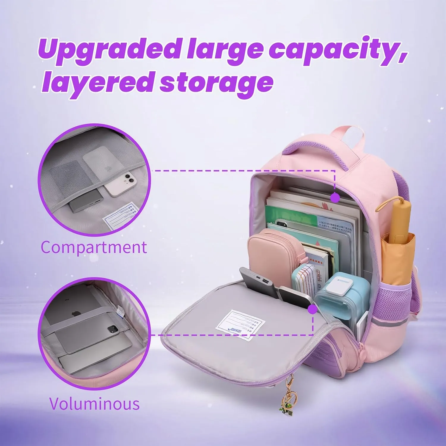 Kids Backpacks for Girls, Backpack for Elementary School Book Bags with Keychains Kawaii Travel Daypack Ages 6-8 (School Bag Pink 02)