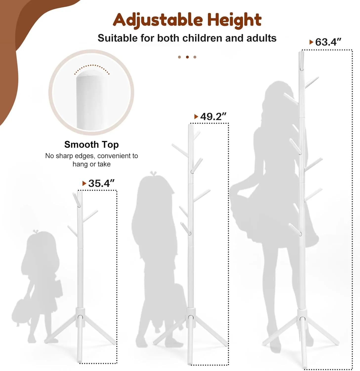 Kid's Coat Rack Stand Beech Wood Clothes Tree, Height Adjustable Freestanding Child Jacket Holder with 9 Hooks, Hanging Hats and Handbags, Hallway, Entryway,Bedroom, Easy Assembly(White)