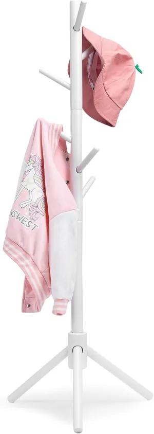 Kid's Coat Rack Stand Beech Wood Clothes Tree, Height Adjustable Freestanding Child Jacket Holder with 9 Hooks, Hanging Hats and Handbags, Hallway, Entryway,Bedroom, Easy Assembly(White)