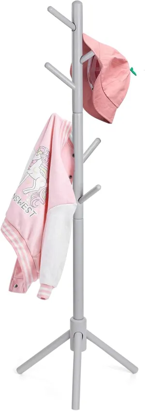 Kid's Coat Rack Stand Beech Wood Coats Tree, Height Adjustable Freestanding Child Clothes Racks with 9 Hooks for Cloth, Hats and Handbags, Hallway, Entryway,Bedroom, Easy Assembly (Grey)