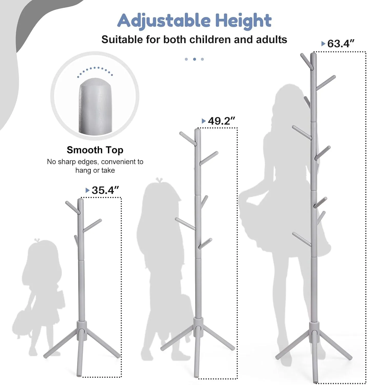 Kid's Coat Rack Stand Beech Wood Coats Tree, Height Adjustable Freestanding Child Clothes Racks with 9 Hooks for Cloth, Hats and Handbags, Hallway, Entryway,Bedroom, Easy Assembly (Grey)