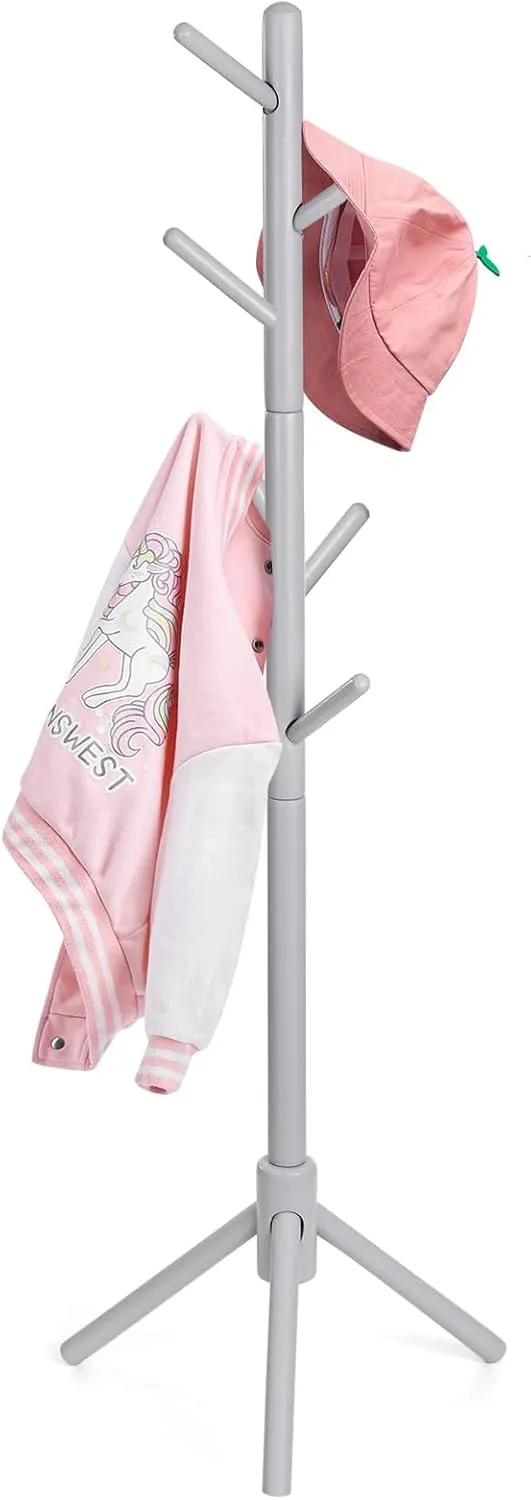 Kid's Coat Rack Stand Beech Wood Coats Tree, Height Adjustable Freestanding Child Clothes Racks with 9 Hooks for Cloth, Hats and Handbags, Hallway, Entryway,Bedroom, Easy Assembly (Grey)