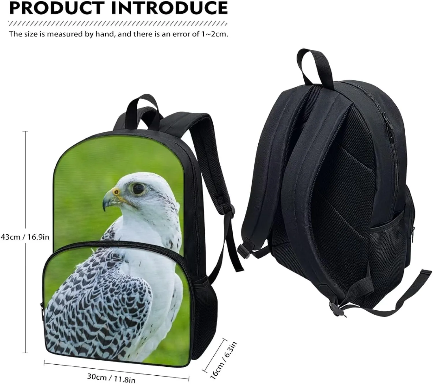 Kids Funny Animal Bird Gyrfalcon Backpack for Boys Girls Comfy Padded Lightweight Sturdy Student School Backpack with Front Pocket Double Zipper 17 Inch Kids Basic Black Daypack Bookbag