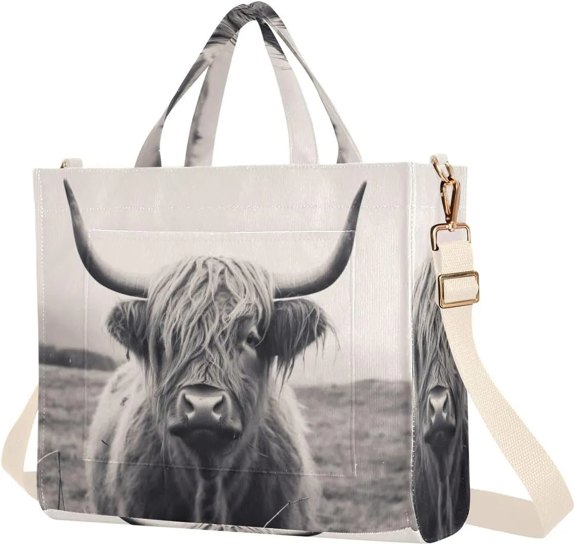 Kigai Highland Cow Corduroy Tote Bag for Women Hobo Crossbody Bag Purse Stylish Shoulder Handbag Messenger Bags, S