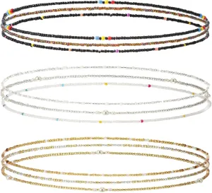 Kigeli 9 Pack Waist Bead Chains for Women Stretchy African Belly Chain Stomach Beads Body Bikini Jewelry (Clear, Black, Gold)