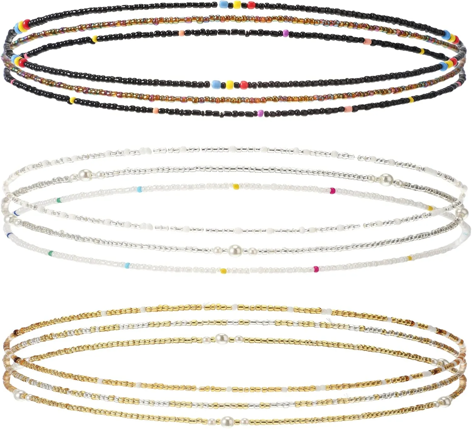 Kigeli 9 Pack Waist Bead Chains for Women Stretchy African Belly Chain Stomach Beads Body Bikini Jewelry (Clear, Black, Gold)