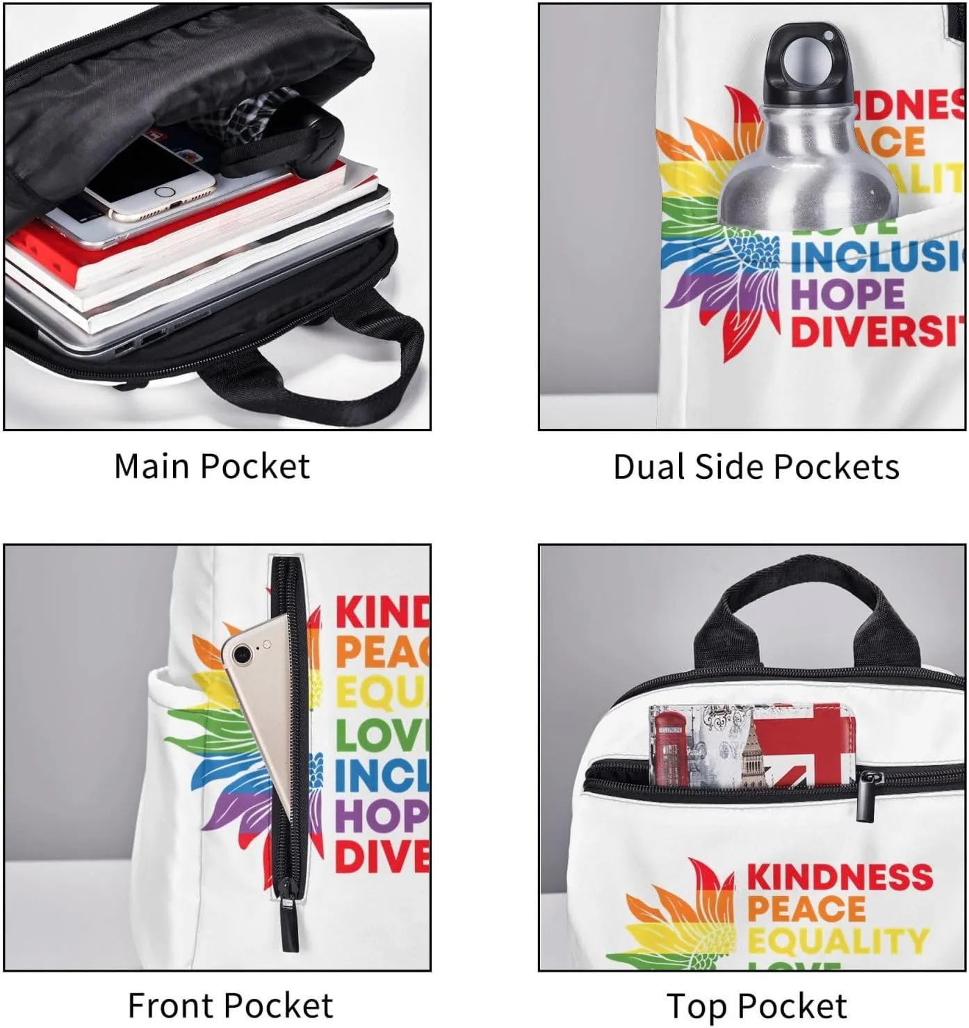 Kindness Peace Equality Love Inclusion Pride Sunflower Travel Laptop Backpack Casual Backpacks Double Shoulder Daypack Notebook Rucksack Work Bags Sports Bag for Hiking Camping Beach