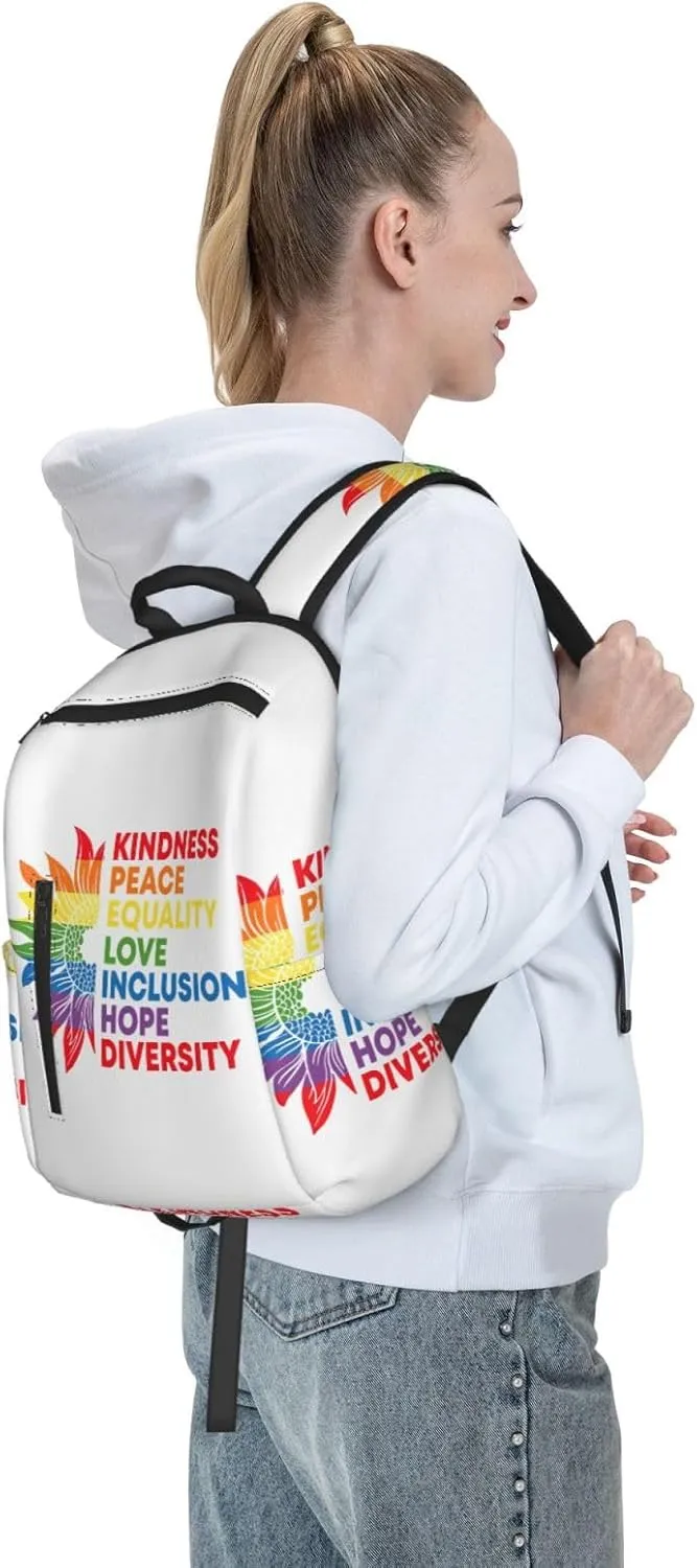 Kindness Peace Equality Love Inclusion Pride Sunflower Travel Laptop Backpack Casual Backpacks Double Shoulder Daypack Notebook Rucksack Work Bags Sports Bag for Hiking Camping Beach