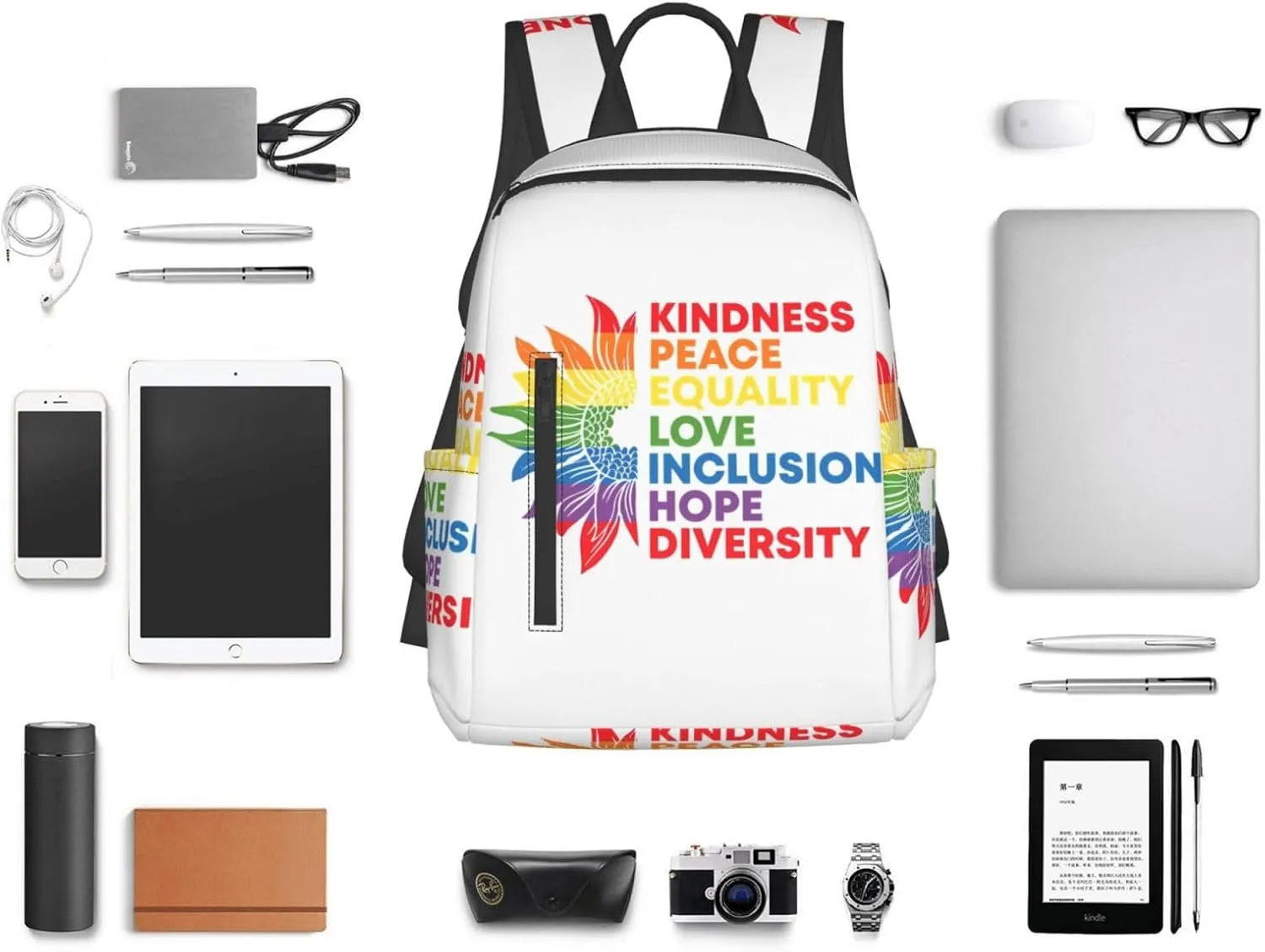 Kindness Peace Equality Love Inclusion Pride Sunflower Travel Laptop Backpack Casual Backpacks Double Shoulder Daypack Notebook Rucksack Work Bags Sports Bag for Hiking Camping Beach
