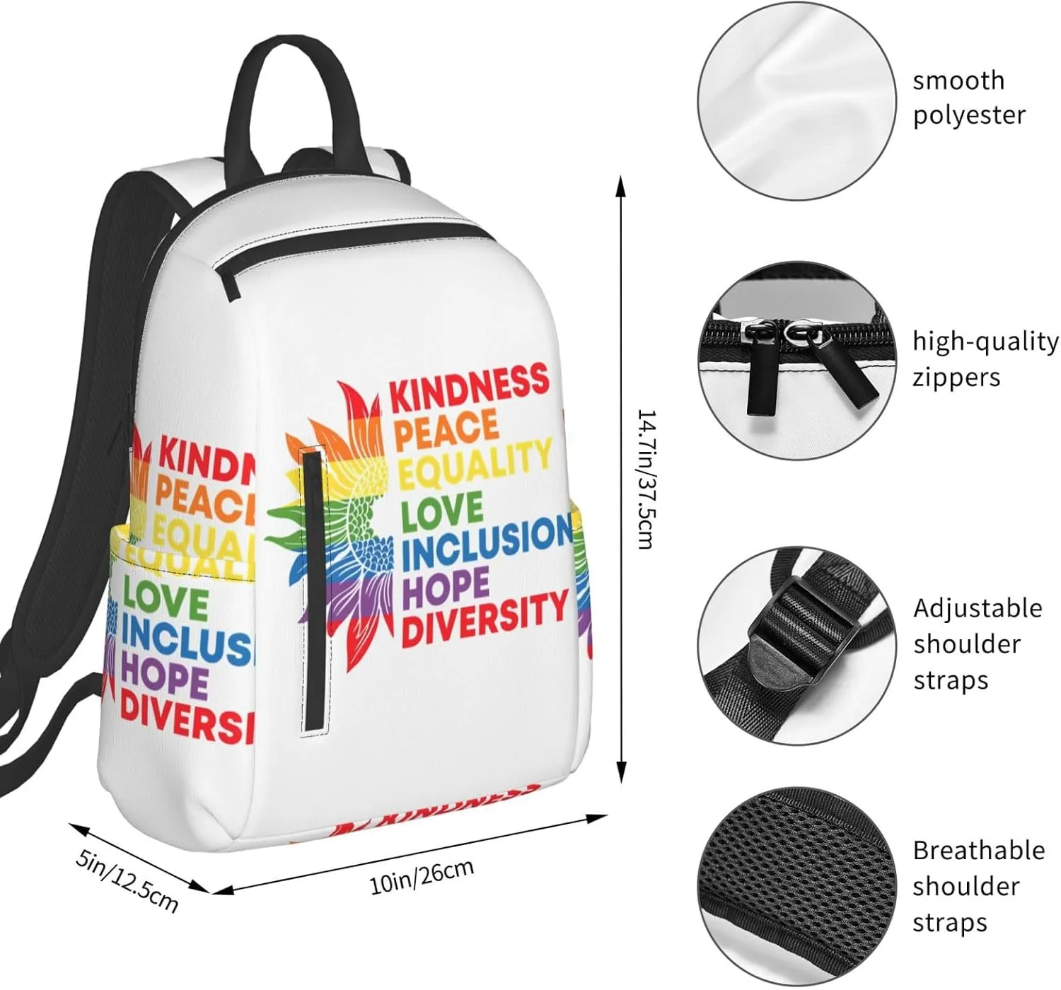 Kindness Peace Equality Love Inclusion Pride Sunflower Travel Laptop Backpack Casual Backpacks Double Shoulder Daypack Notebook Rucksack Work Bags Sports Bag for Hiking Camping Beach