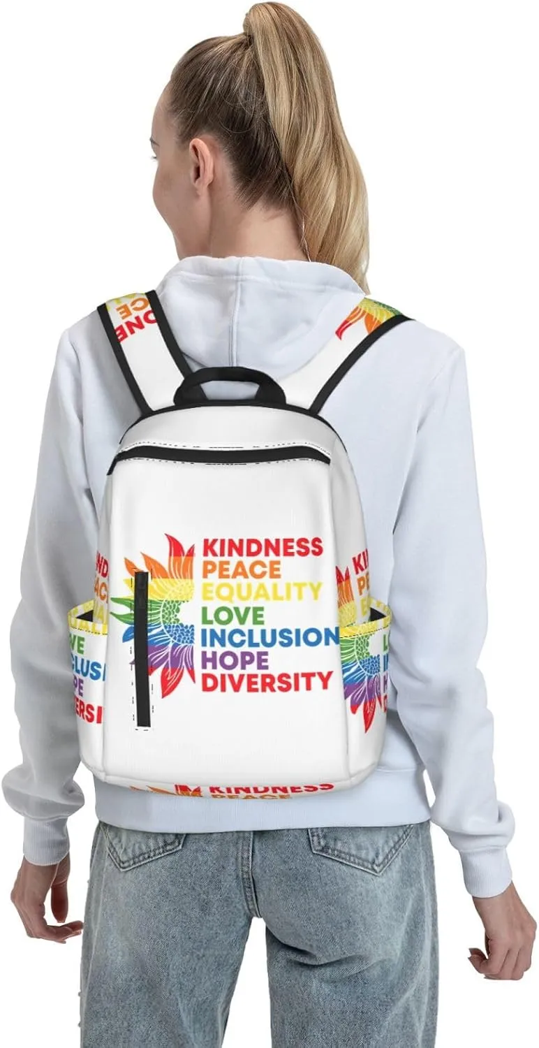 Kindness Peace Equality Love Inclusion Pride Sunflower Travel Laptop Backpack Casual Backpacks Double Shoulder Daypack Notebook Rucksack Work Bags Sports Bag for Hiking Camping Beach