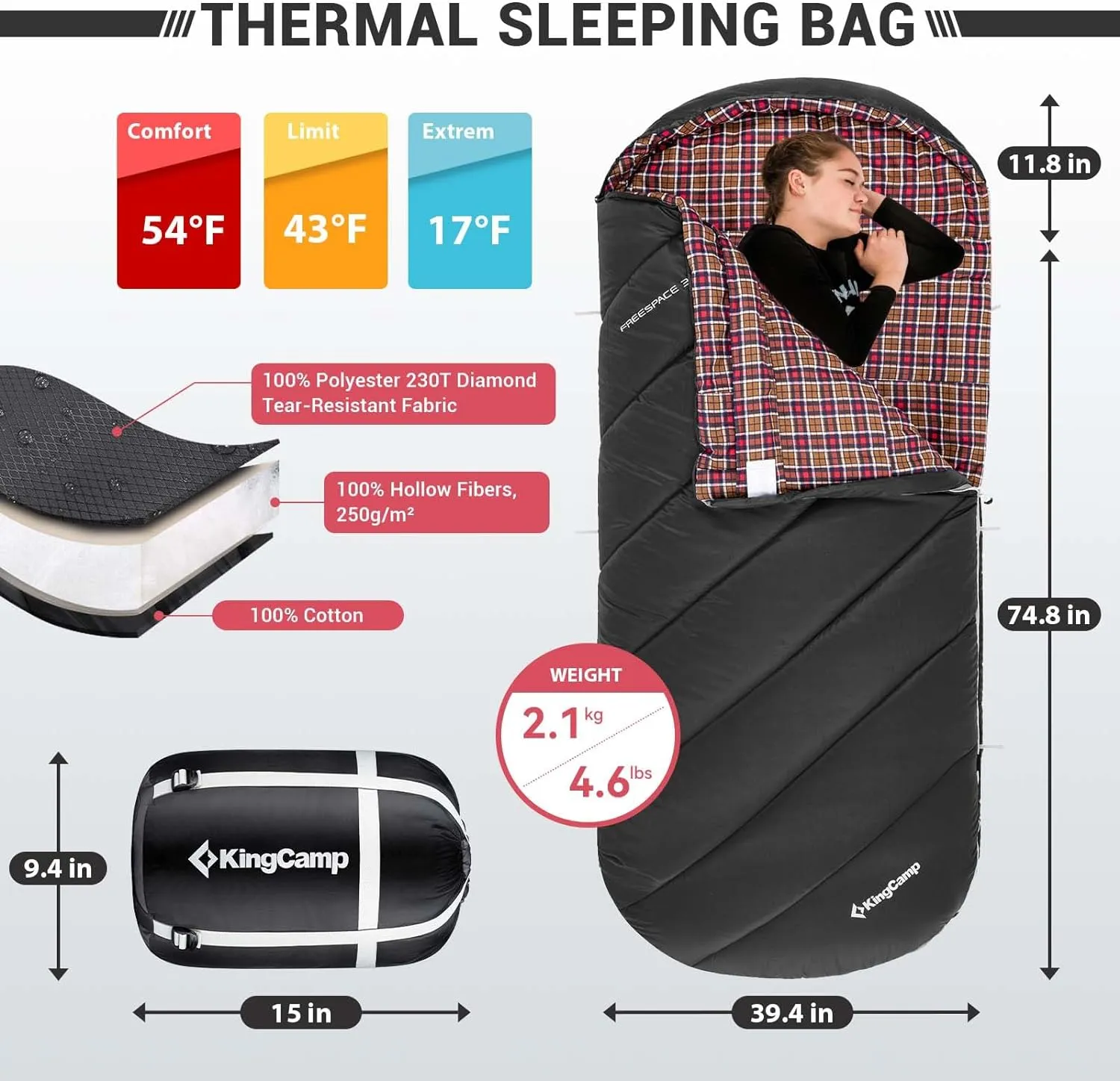 KingCamp Sleeping Bag for Adults, Cold Weather & Warm Extra Wide Big & Tall XL Portable Waterproof Flannel Sleeping Bags, Essentials Gear Accessories for Camping Backpacking Hiking Indoor & Outdoor