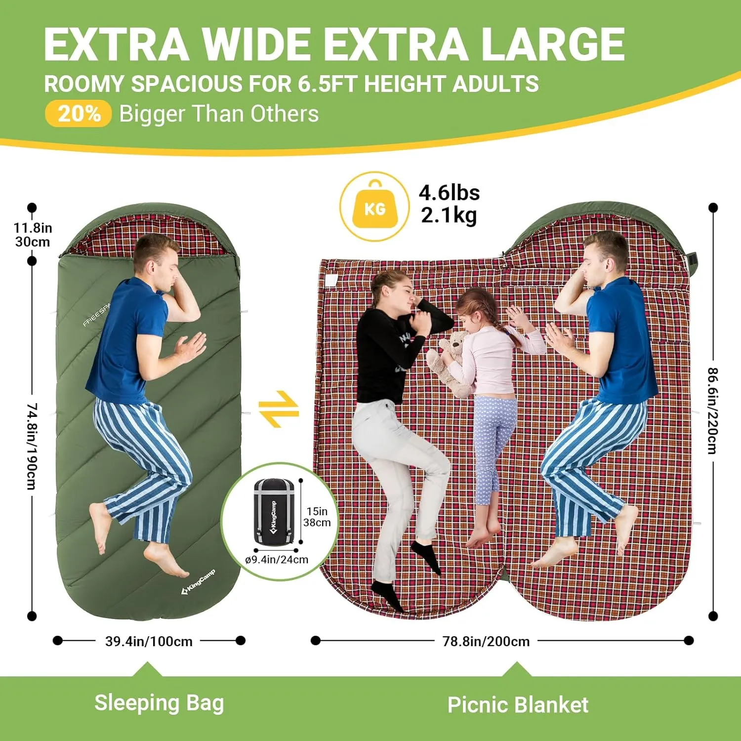 KingCamp Sleeping Bag for Adults, Cold Weather & Warm Extra Wide Big & Tall XL Portable Waterproof Flannel Sleeping Bags, Essentials Gear Accessories for Camping Backpacking Hiking Indoor & Outdoor