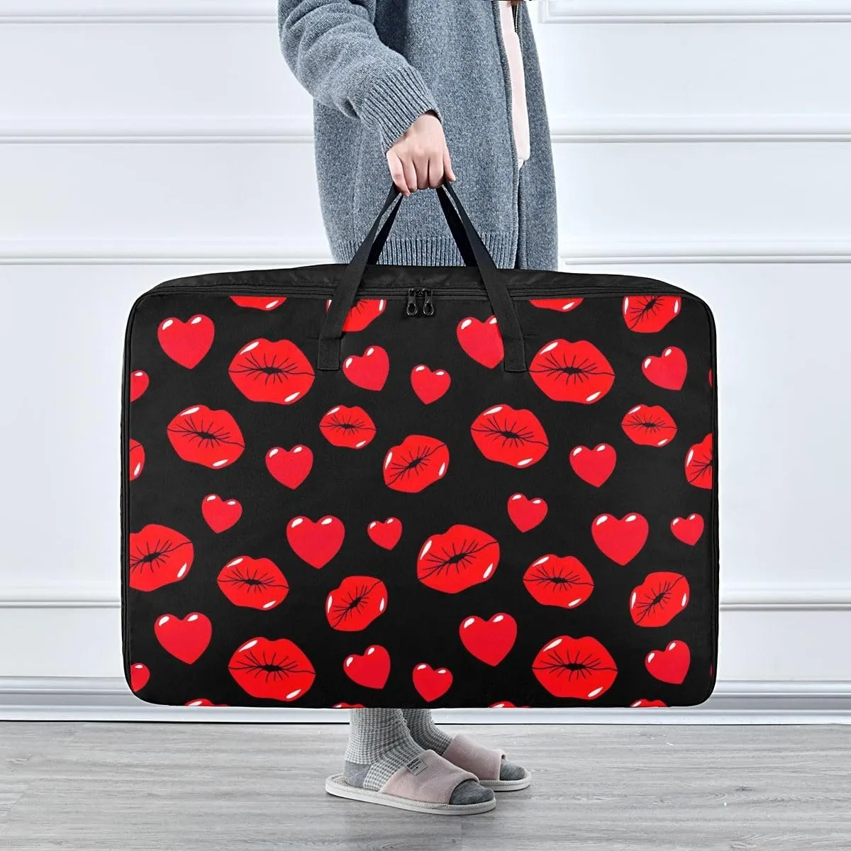 Kiss Heart Storage Bags, 27.5x19.7x11 In, Garment Storage Organizer Travel Cargo Duffel Bags Storage Organizer for Clothes, Bedding, Comforter