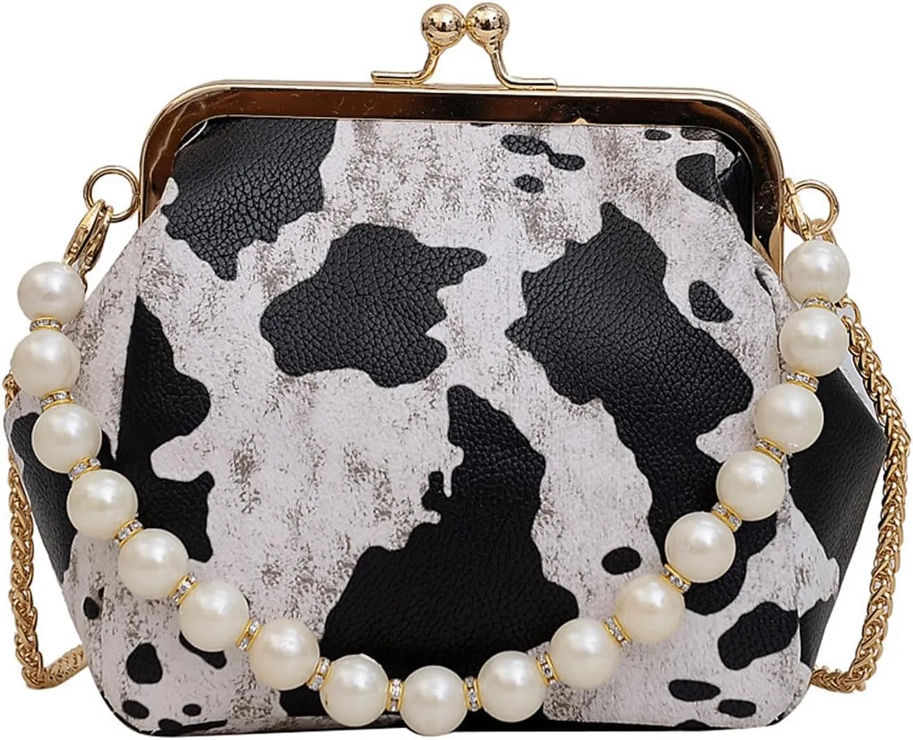 Kiss Lock Purse and Handbag for Women Animal Print Crossbody Bag Pearl Chain Handbags Kiss Clasp Tote Shoulder Bags