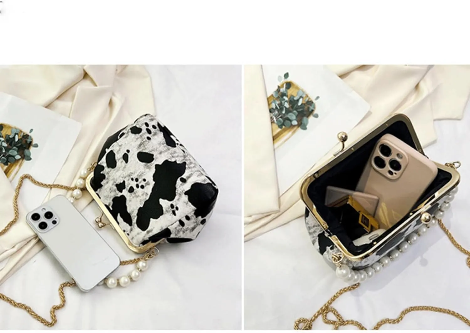 Kiss Lock Purse and Handbag for Women Animal Print Crossbody Bag Pearl Chain Handbags Kiss Clasp Tote Shoulder Bags