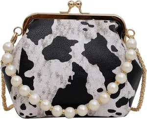 Kiss Lock Purse and Handbag for Women Animal Print Crossbody Bag Pearl Chain Handbags Kiss Clasp Tote Shoulder Bags