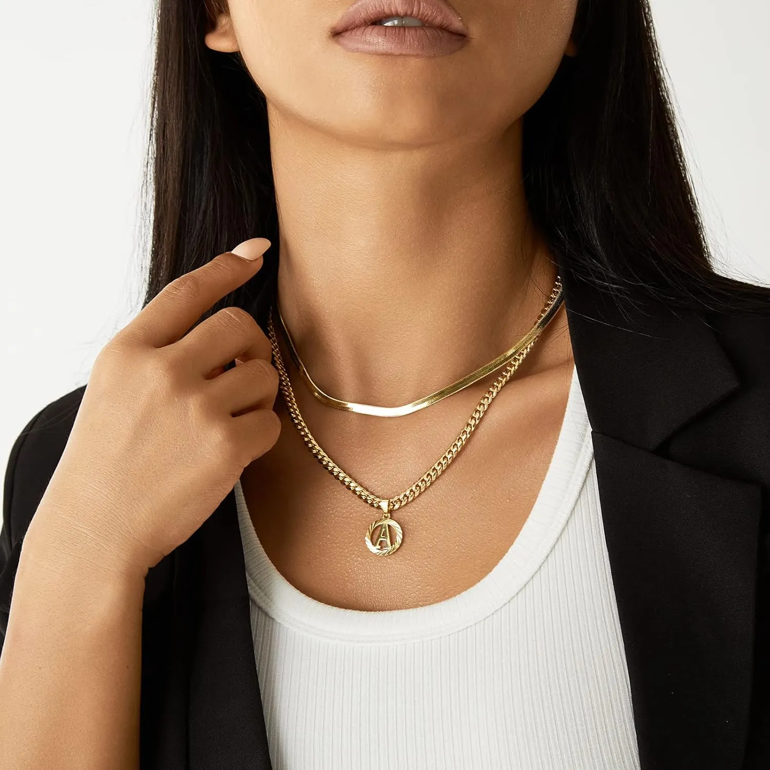 KissYan Gold Initial Necklace,14K Gold Plated Round Letter Pendant Hollow Capital Monogram 5mm Cuban Chain Necklace Alhpabets from A-Z Dainty Jewelry for Women Men