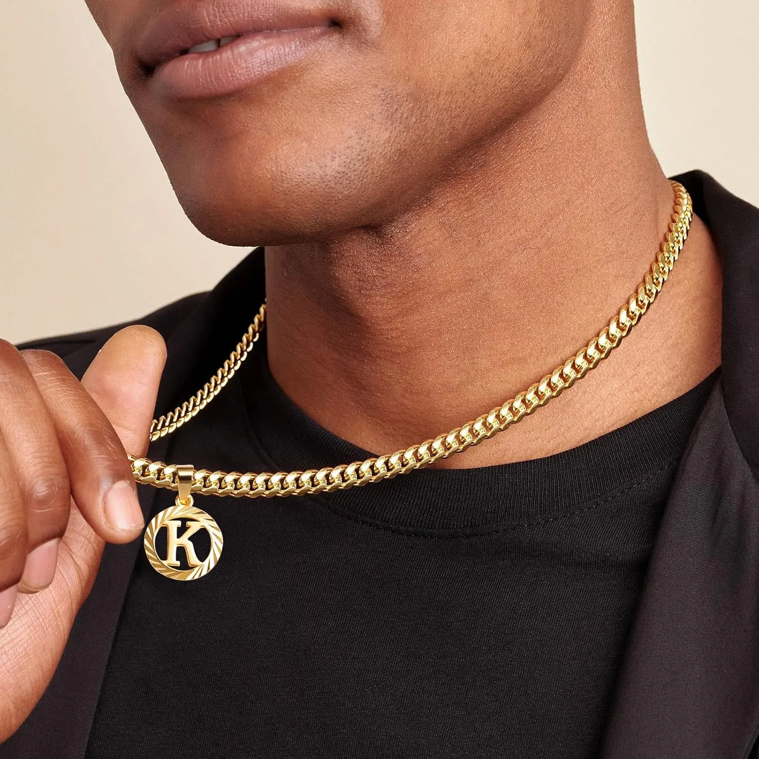 KissYan Gold Initial Necklace,14K Gold Plated Round Letter Pendant Hollow Capital Monogram 5mm Cuban Chain Necklace Alhpabets from A-Z Dainty Jewelry for Women Men
