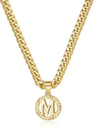 KissYan Gold Initial Necklace,14K Gold Plated Round Letter Pendant Hollow Capital Monogram 5mm Cuban Chain Necklace Alhpabets from A-Z Dainty Jewelry for Women Men