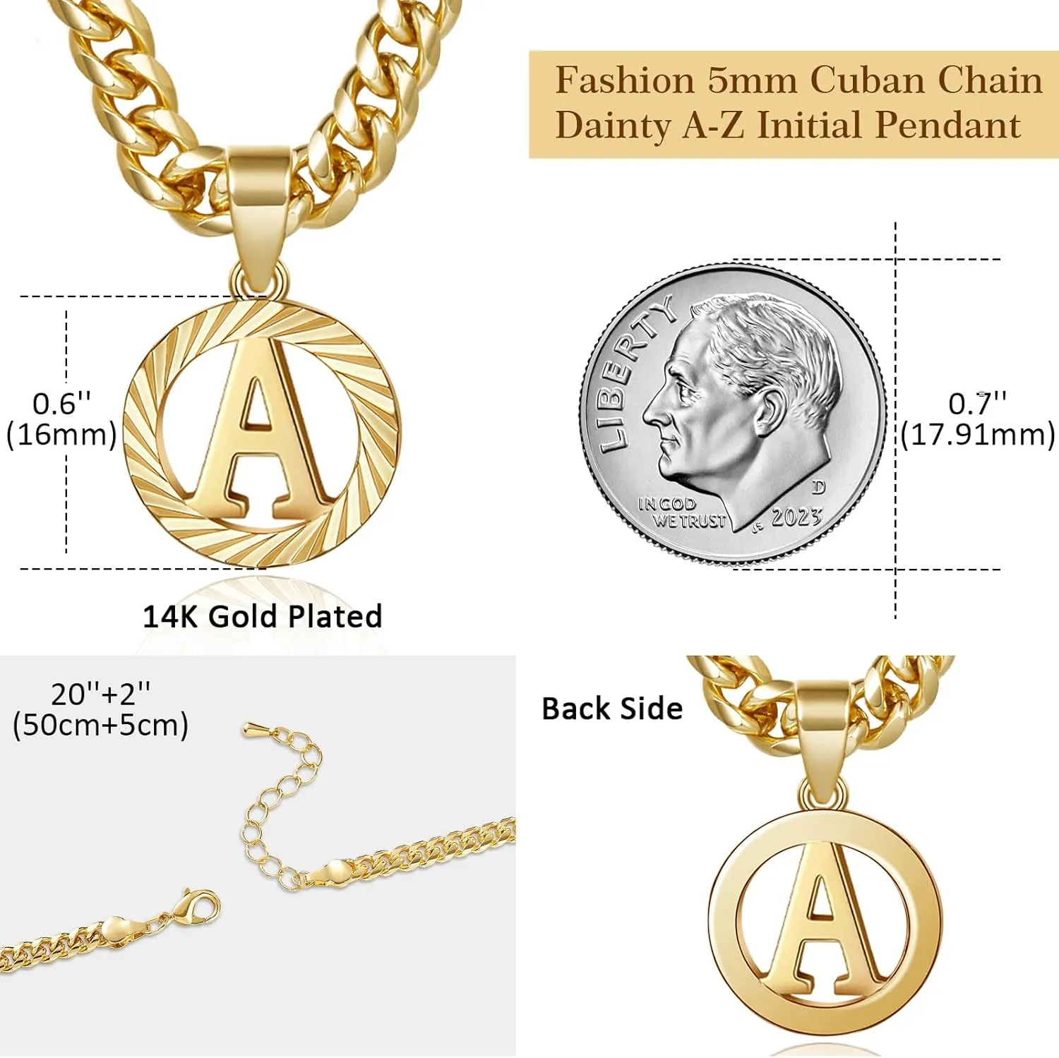 KissYan Gold Initial Necklace,14K Gold Plated Round Letter Pendant Hollow Capital Monogram 5mm Cuban Chain Necklace Alhpabets from A-Z Dainty Jewelry for Women Men