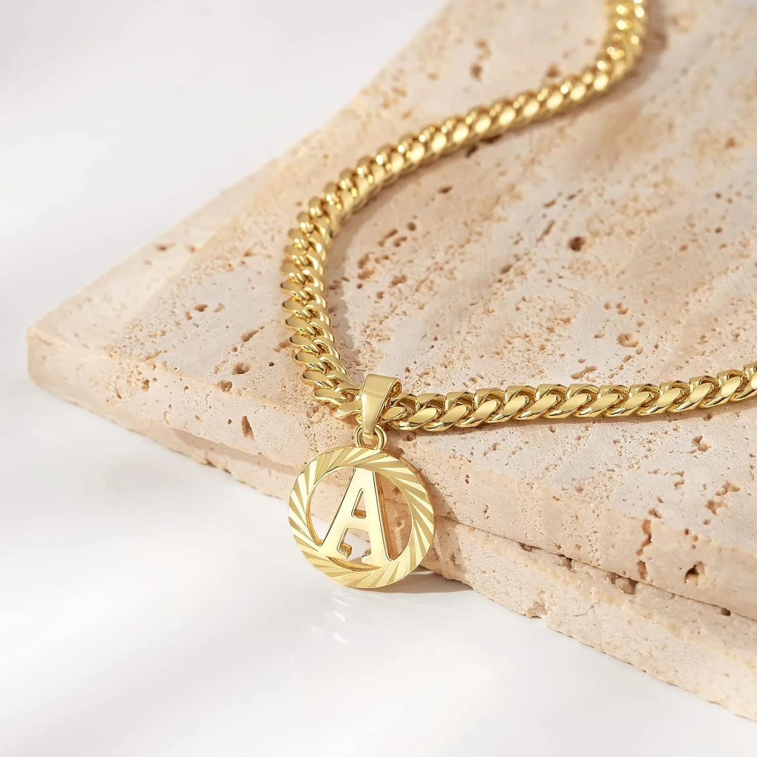 KissYan Gold Initial Necklace,14K Gold Plated Round Letter Pendant Hollow Capital Monogram 5mm Cuban Chain Necklace Alhpabets from A-Z Dainty Jewelry for Women Men
