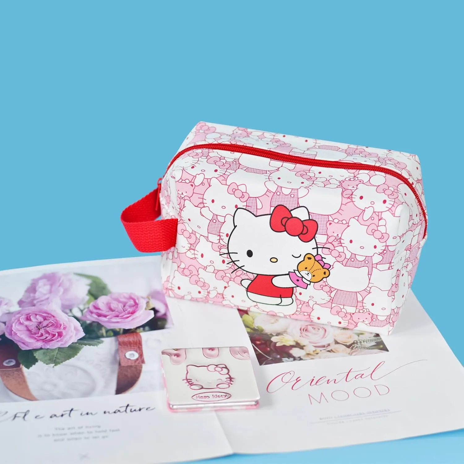 kitty Travel Cosmetic Bag, Large Capacity Cartoon Cosmetic Pouch Makeup Bag with Zipper, PU Travel Toiletry Bag Makeup Accessories Organizer, Foldable Storage Bag Makeup Pouch for Girls
