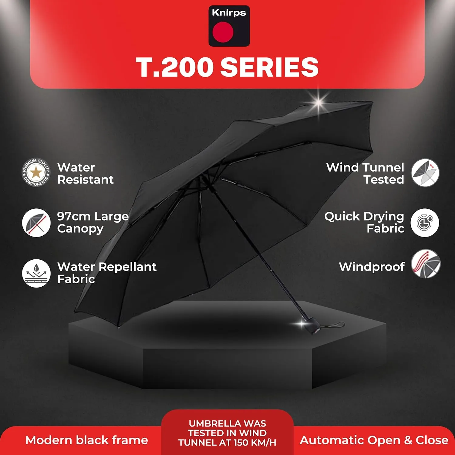 Knirps T.200 Medium Duomatic Automatic Open Close Rain Umbrella for Adults - Portable Weather Protection - Compact, Fits in Backpack or Purse, Retractable with Carrying Case, Black, 97cm Diameter