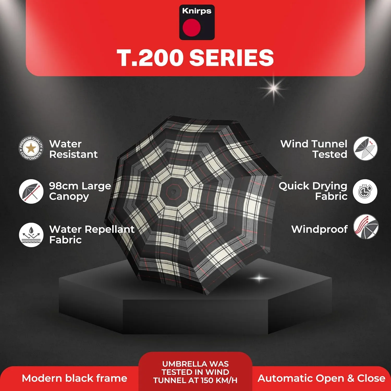 Knirps T.200 Medium Duomatic Automatic Open Close Rain Umbrella for Adults - Portable Weather Protection - Compact, Fits in Backpack, Retractable with Carrying Case, Black/White Check, 97cm Diameter