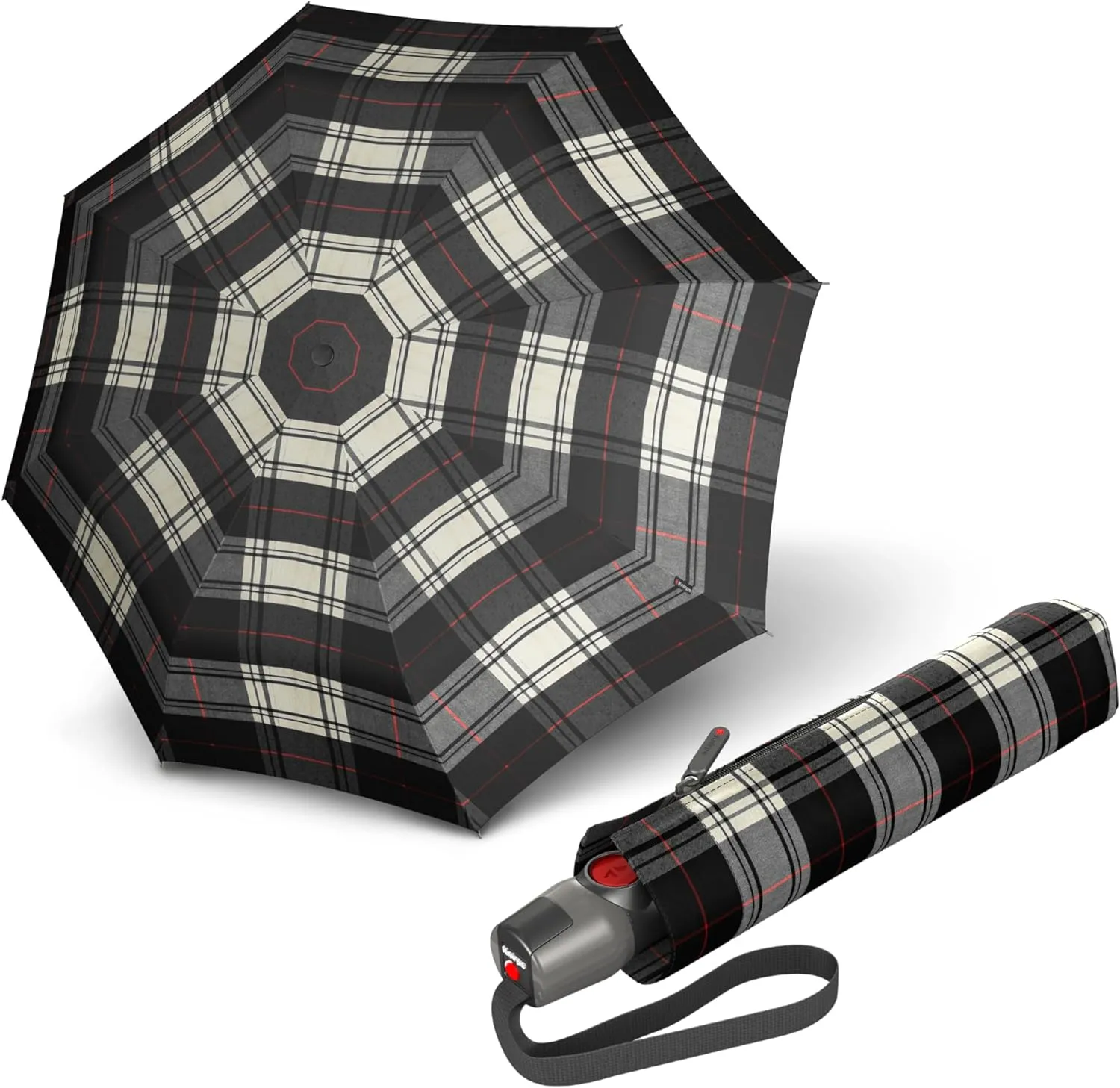 Knirps T.200 Medium Duomatic Automatic Open Close Rain Umbrella for Adults - Portable Weather Protection - Compact, Fits in Backpack, Retractable with Carrying Case, Black/White Check, 97cm Diameter